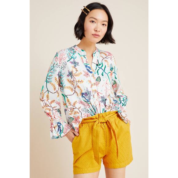 New Anthropologie Cadiz Top by Aldomartins $148 SMALL Floral Henley Style Blouse - Picture 1 of 5